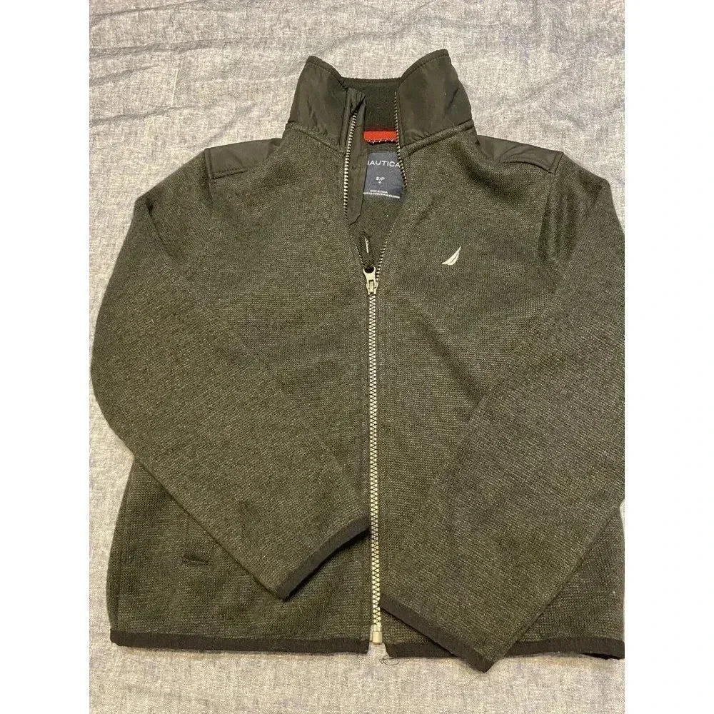 Nautica Boy's Size Small Gray Fleece Zip Front Jacket Black Vinyl Shoulder